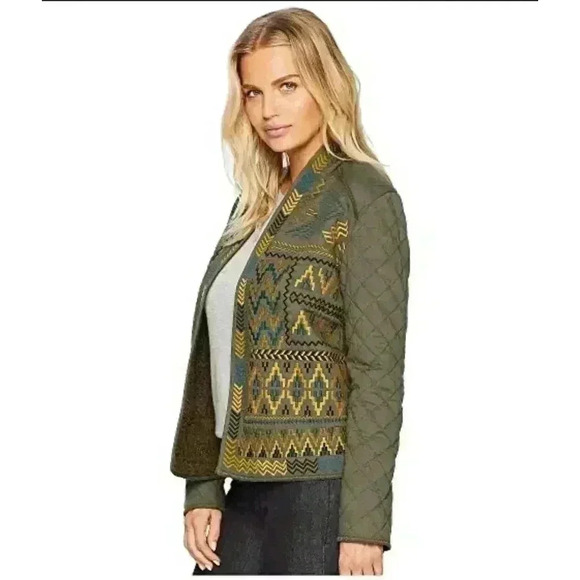 Tribal Jeans Embroidered Quilted Green Boho Cabincore Open Jacket Size Small - Picture 2 of 7